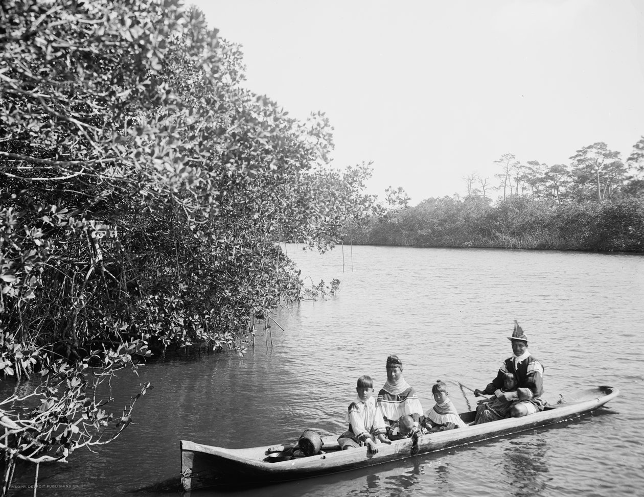 Seminole indianer- og familiekano, Miami, Florida, ca. 1910-20 af Detroit Publishing Co.