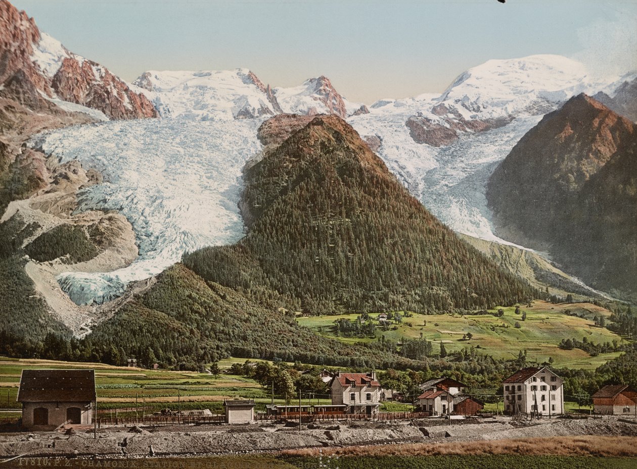 Chamonix station og Glacier des Bossons, ca. 1890-1906 (fotokrom-print) af Detroit Publishing Co.