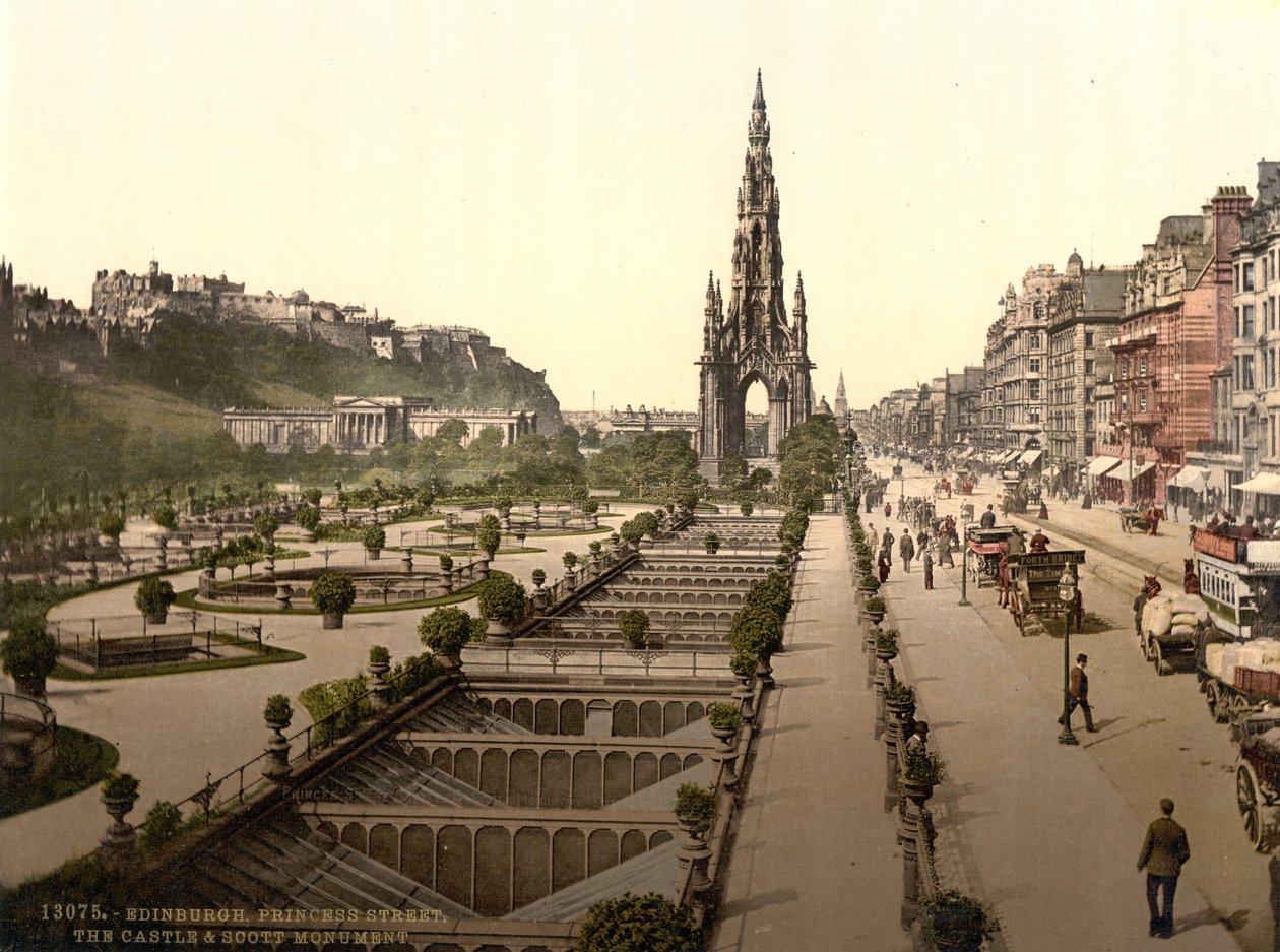 Princes Street, slottet og Scott Monument, Edinburgh, ca. 1890-1900 af Detroit Publishing Co.