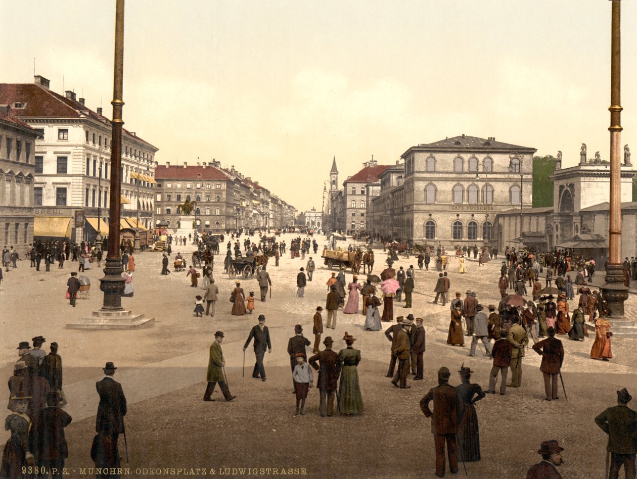Gadescene, Odensplatz og Ludwigstrasse, München, Bayern, Tyskland, ca. 1900 af Detroit Publishing Co.