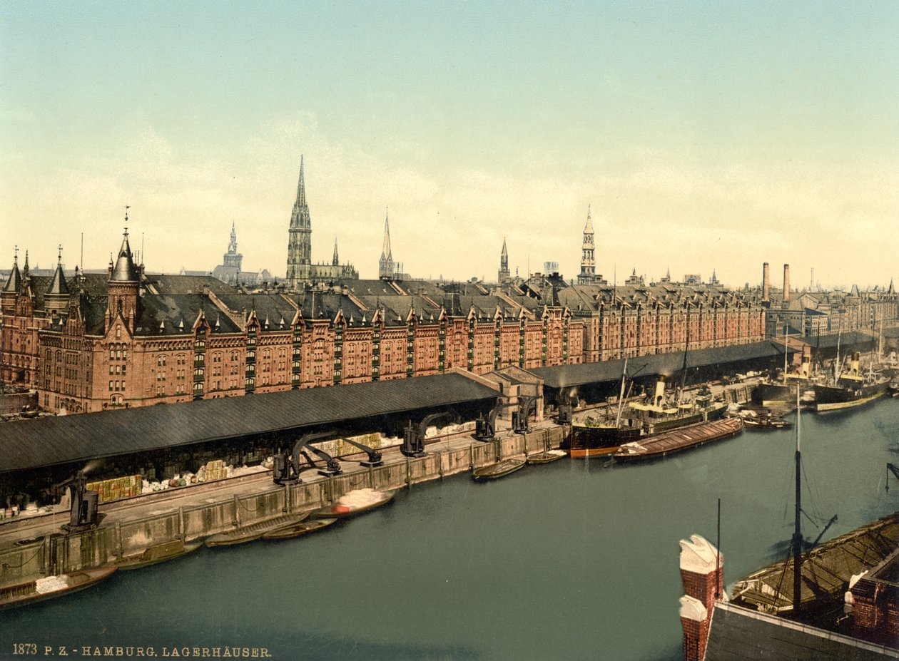 Pakhuse ved havnen, Hamborg, Tyskland, Photochrome Print, ca. 1900 af Detroit Publishing Co.