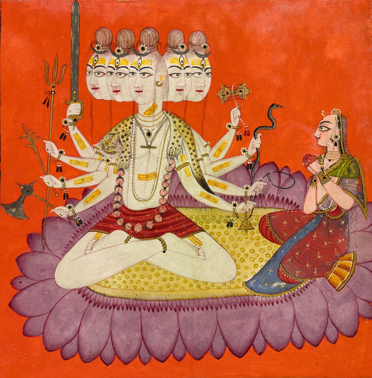 Sadashiva tilbedt af Parvati, ca. 1690 (ugennemsigtig akvarel, guld og påført billevinge på papir, ) af Devidasa (attr.to)