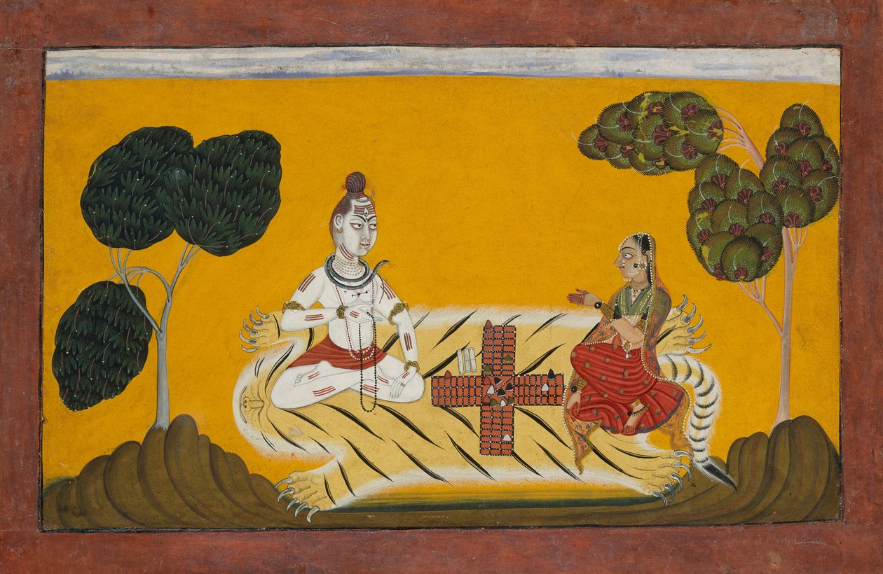 Shiva og Parvati Playing Chopper: Folio fra en Rasmanjari-serie, dateret 1694-95. af Devidasa of Nurpur