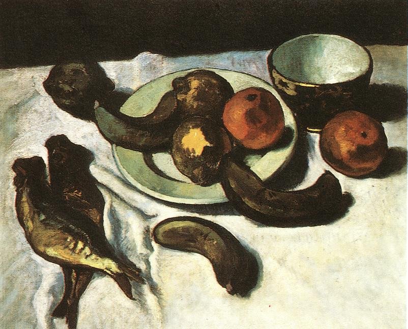 Stilleben med bananer, appelsiner og fisk af Dezso Czigany