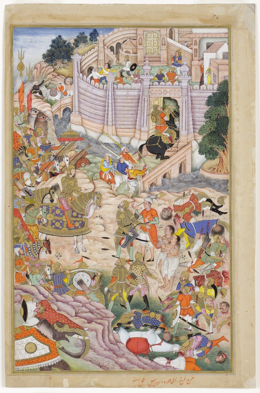 Baburs tropper indtager fæstningen i Kabul, ca. 1590-1600 (ugennemsigtig wc og guld på papir) af Dhannu, and Dharmdas Farrukh