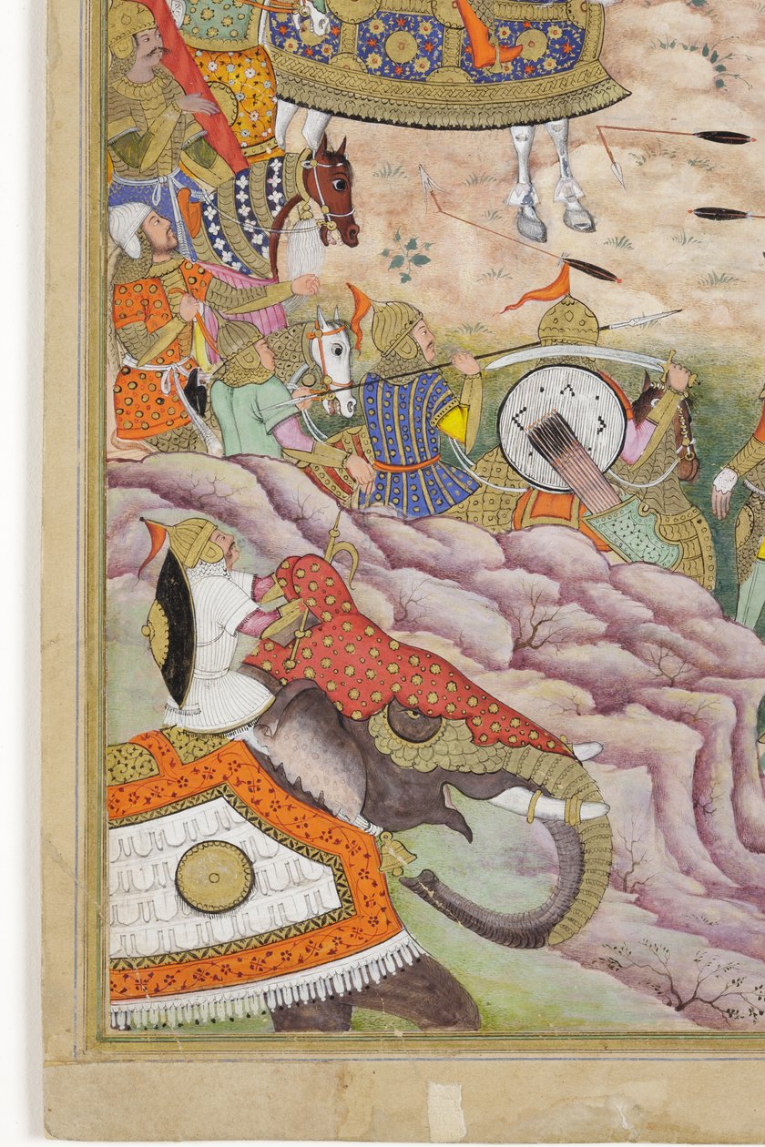 Detalje fra Baburs tropper tager fæstningen ved Kabul, ca. 1590-1600 (ugennemsigtig wc og guld på papir) af Dhannu, and Dharmdas Farrukh