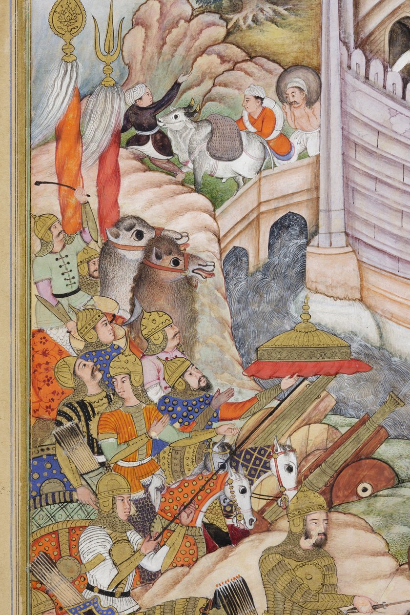 Detalje fra Baburs tropper tager fæstningen ved Kabul, ca. 1590-1600 (ugennemsigtig wc og guld på papir) af Dhannu, and Dharmdas Farrukh