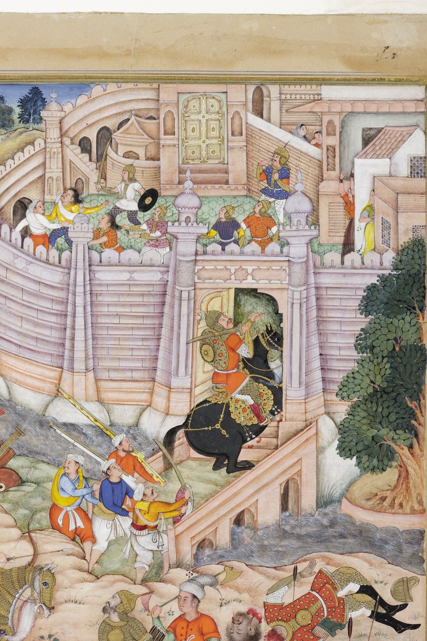 Detalje fra Baburs tropper tager fæstningen ved Kabul, ca. 1590-1600 (ugennemsigtig wc og guld på papir) af Dhannu, and Dharmdas Farrukh
