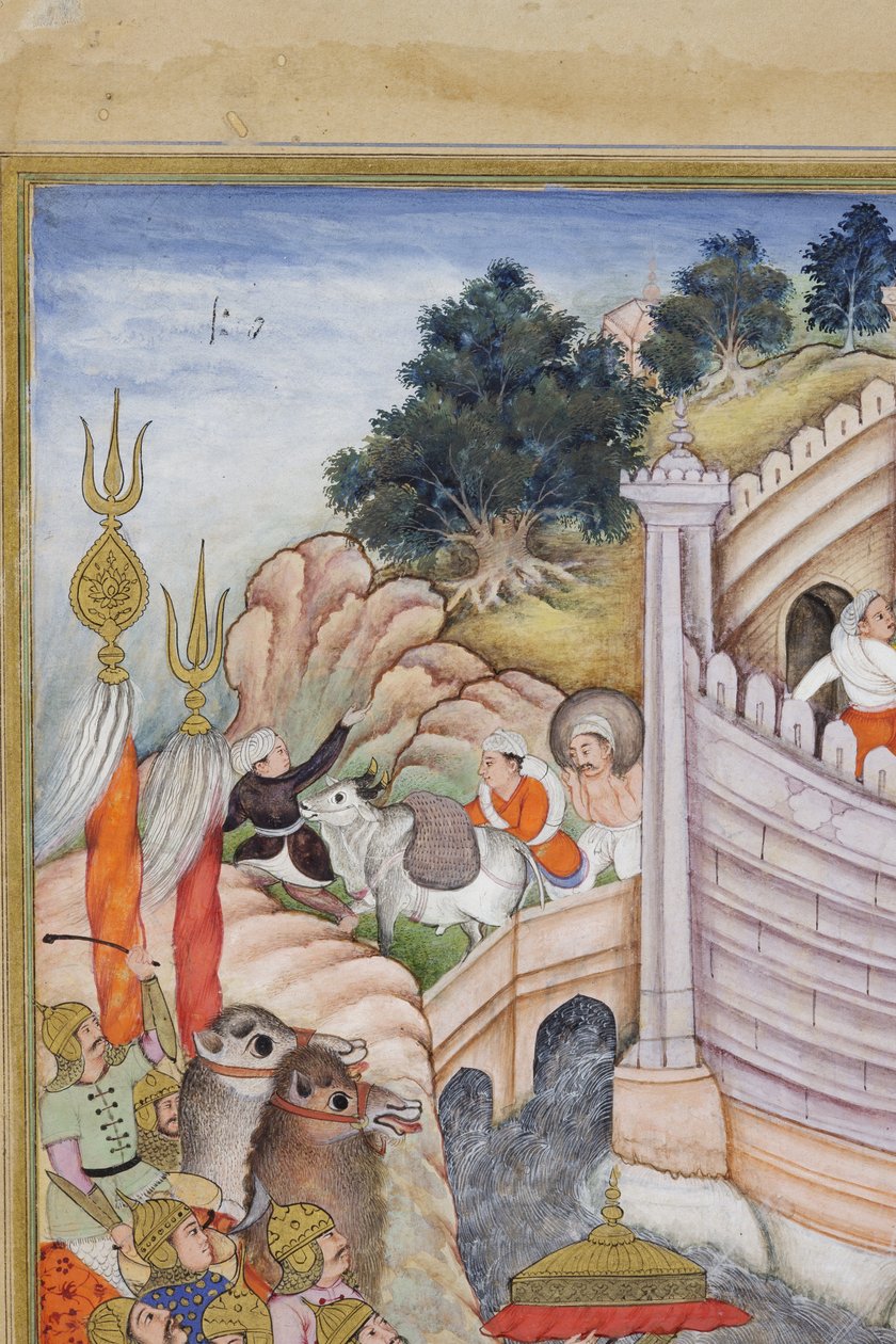 Detalje fra Baburs tropper tager fæstningen ved Kabul, ca. 1590-1600 (ugennemsigtig wc og guld på papir) af Dhannu, and Dharmdas Farrukh