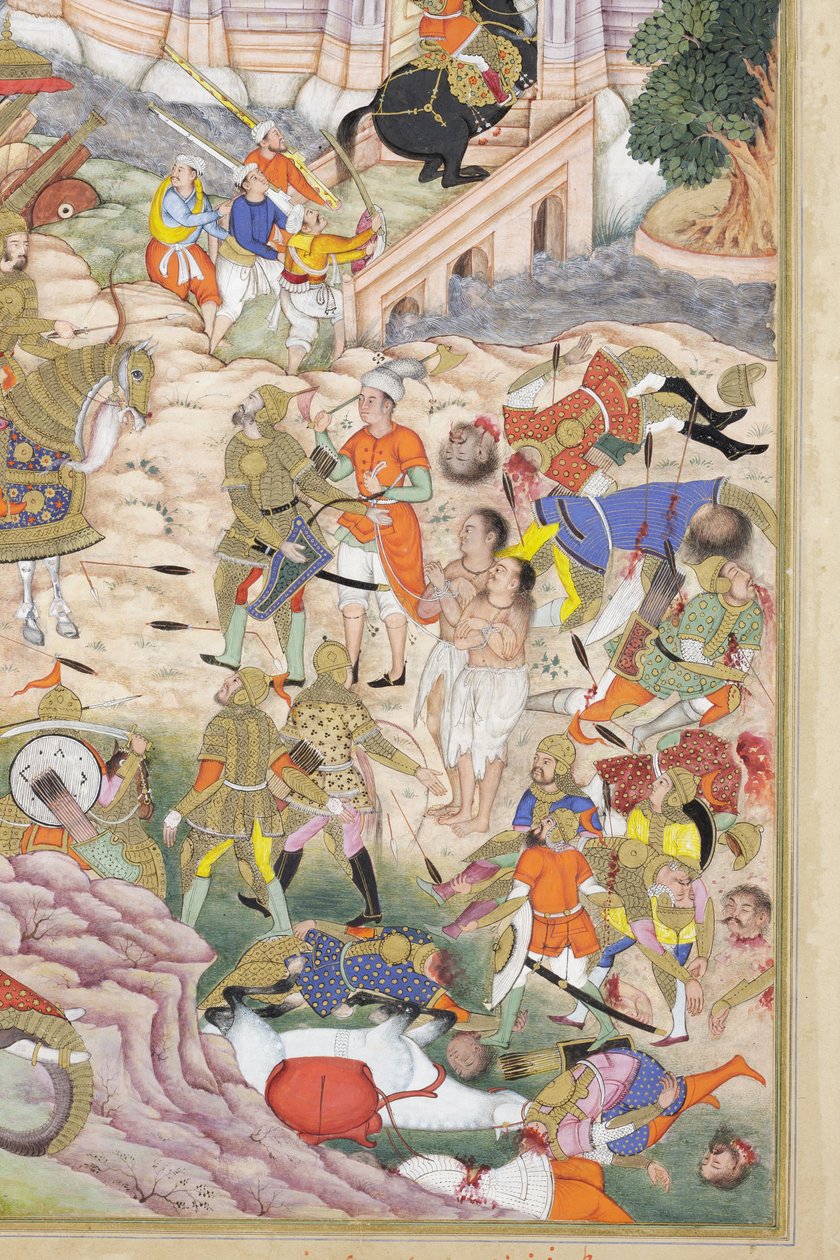 Detalje fra Baburs tropper indtager fæstningen i Kabul, ca. 1590-1600 (uigennemsigtig akvarel og guld på papir) af Dhannu & Dharmdas Farrukh