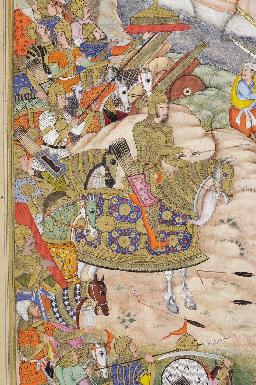Detalje fra Baburs tropper tager fæstningen ved Kabul, ca. 1590-1600 (ugennemsigtig wc og guld på papir) af Dhannu, and Dharmdas Farrukh