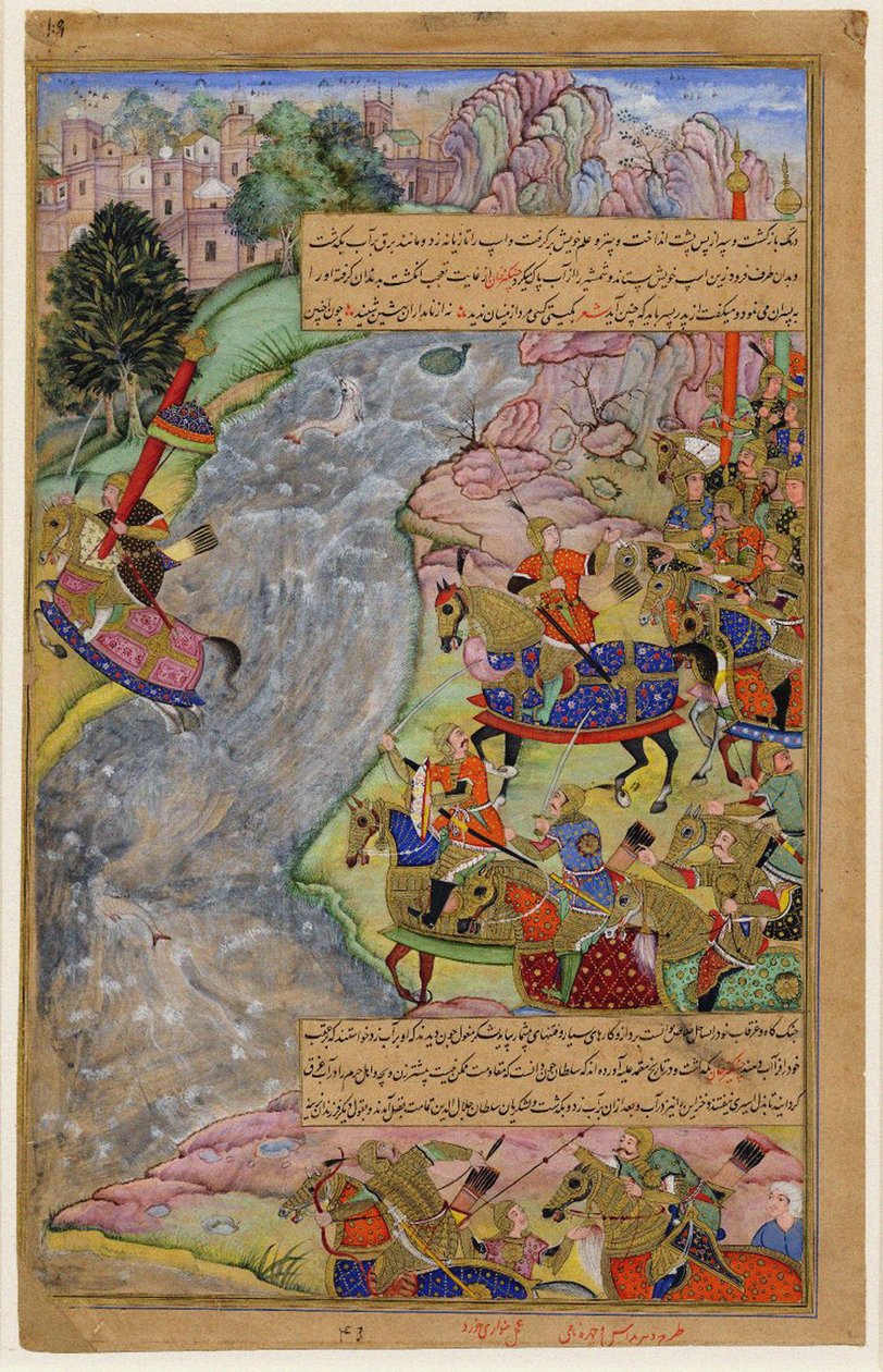 Jalal al-Din Khwarazm-Shah krydser den hurtige Indus-flod og undslipper Chinggis Khan og hans hær, 1597 af Dharm Das