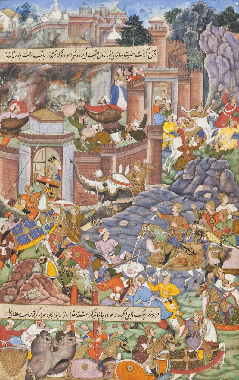 Sultan Bahadurs flugt under Humayuns 1535-kampagne i Gujarat, ca. 1590 (ugennemsigtig akvarel, guld og blæk på papir) af Dharmdas Dharmdas