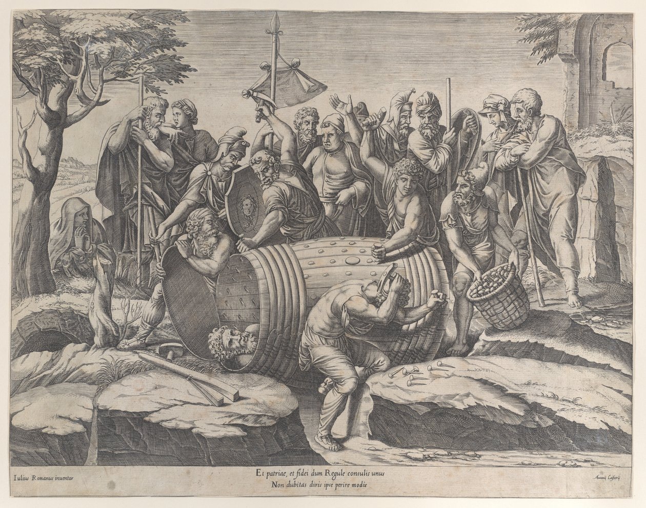 Marcus Atilius Regulus i en tønde, mens to mænd hamrer sømmene i, diverse fi..., 1555-77. af Diana Mantuana