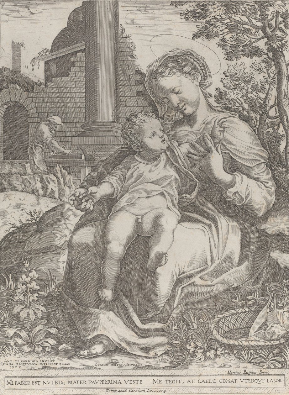 Den hellige familie i Egypten, med Joseph som tømrer i baggrunden..., [1577], genudgivet 1774. af Diana Mantuana