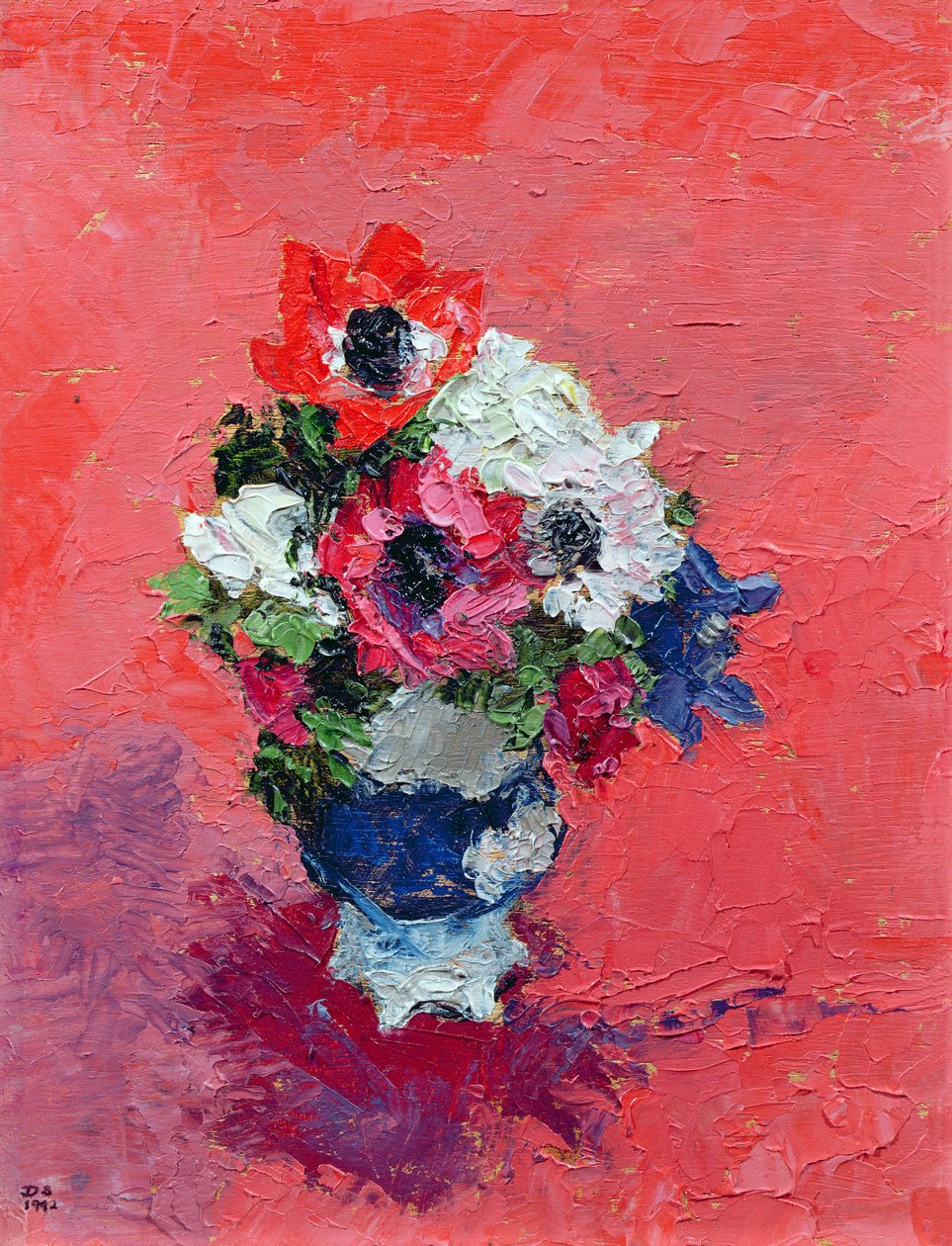 Anemoner på en rød grund, 1992 (bræt) af Diana Schofield