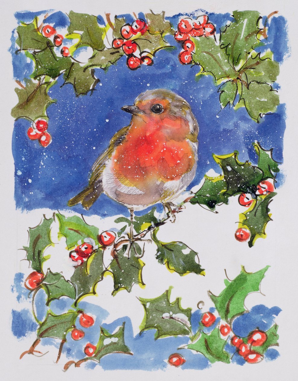 Christmas Robin, 1996 (wc) af Diane Matthes