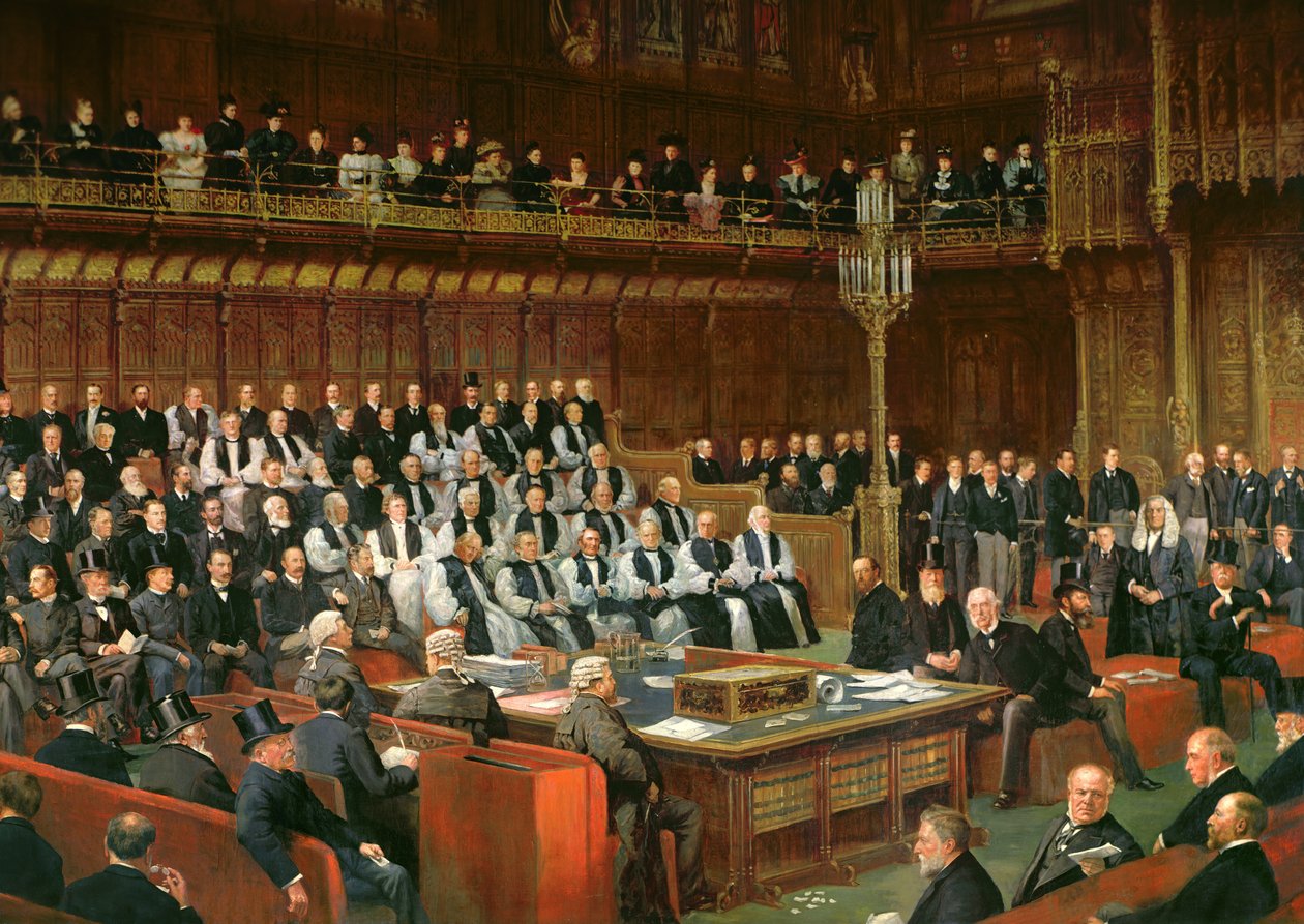 Hjemmestyredebatten i House of Lords, 1893, Lord Chancellor About to Still the Question, 1893 (detaljer) af Dickinson and Foster