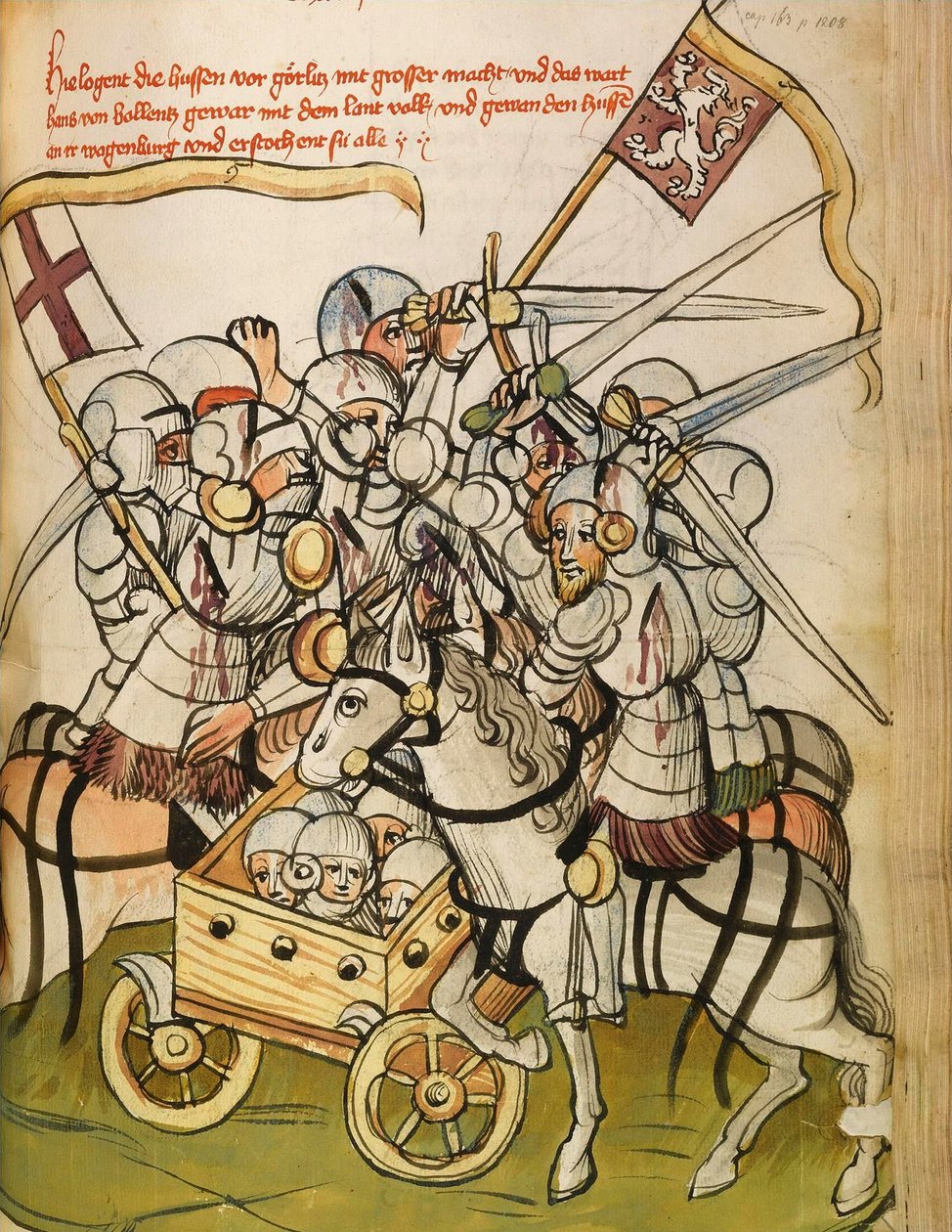 Kampscene under de katolske korstog mod hussitterne, tilhængere af Jan Hus (eller Jean Huss af Diebold (workshop) Lauber