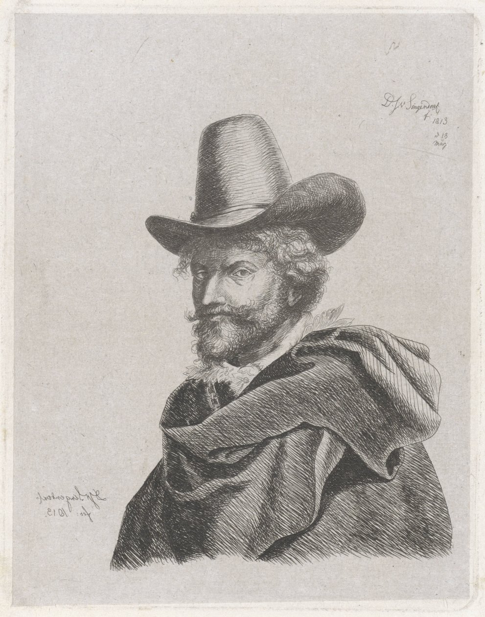 Portræt af Peter Paul Rubens med kappe og høj hat af Diederik Jan Singendonck