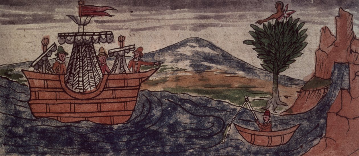 Fol.197v En indiansk spion observerer ankomsten af et spansk skib til den mexicanske kyst, 1579 af Diego Duran
