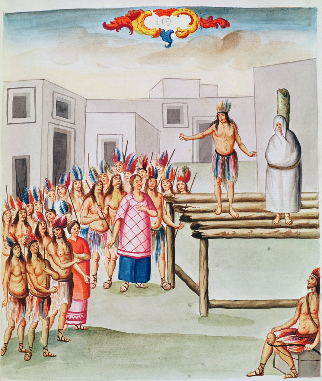 Tome 4 fol.19, Udsigt over Plaza de Thalco med en indianer bundet til en pæl, fra 