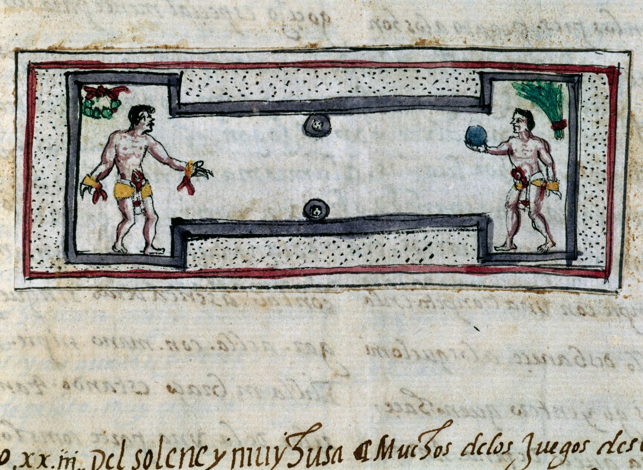 Aztekerne spiller pelota, miniature fra History of Indies (Historia de las Indias) af Diego Duran (1537-1588), manuskript fra 1579 af Diego Duran