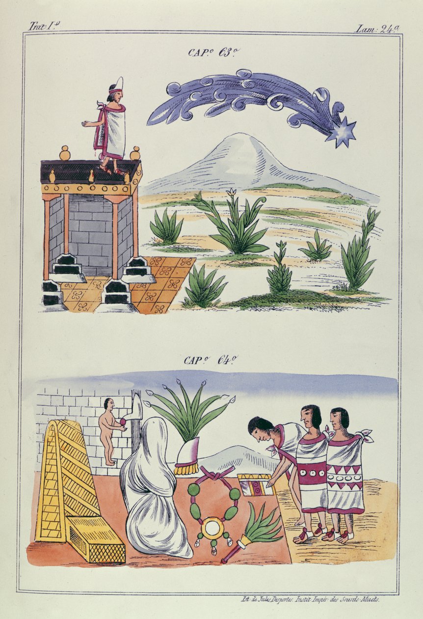 Cap 63 og Cap 64, illustrationer fra "Historia de las Indias de Nueva Espana y islas de tierra firme", med plancher af Jules Desportes, Mexico, 1867-80 af Diego Duran