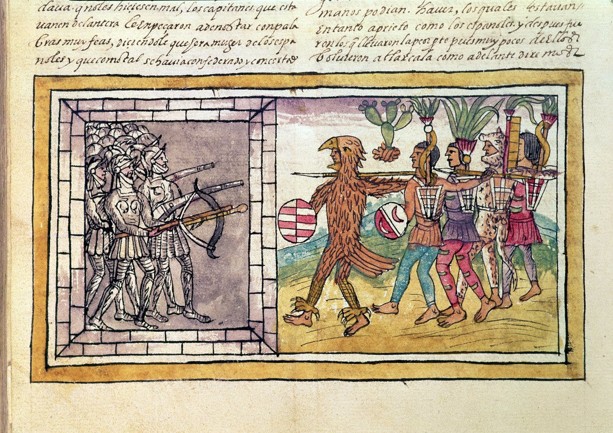 Codex Duran: Pedro de Alvarado (ca. 1485-1541) våbenledsager af Hernando Cortes (1485-1547) belejret af aztekiske krigere af Diego Duran