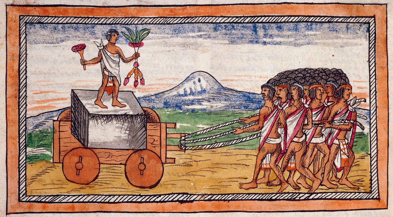 Aztekerne transporterer sten for at bygge deres byer, strækker akvarel fra History of the Indies af Diego Duran (1537-1588), manuskript, folio 188 recto af Diego Duran