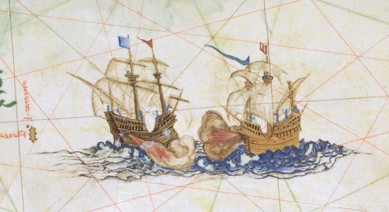 Tilføj 5415A f.10 Two Galleons Fighting, detalje fra "Opus Geographicum" af Diego Homem