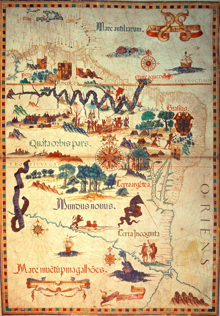 Tilføj 5415A f.23v-24 Atlas af Diego Homem fra Sydamerika, der viser indianere i deres bosættelser, spansk ekspeditionsstyrkelejr og mænd i rustning, ca. 1558 af Diego Homem
