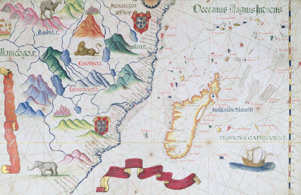 Madagaskar og østafrikanske kystlinje, detalje fra et verdensatlas, 1565 af Diego Homem