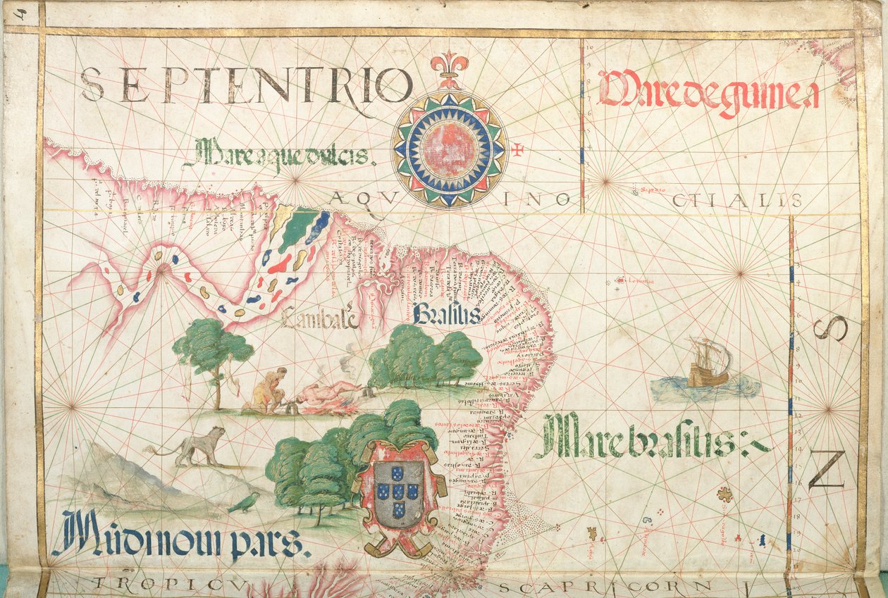 Amazonas mund, Brasilien, detalje fra et verdensatlas, 1565 af Diego Homem