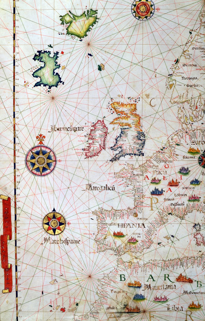 De britiske øer, Iberia og Nordvestafrika, detaljer fra et verdensatlas, 1565 af Diego Homem