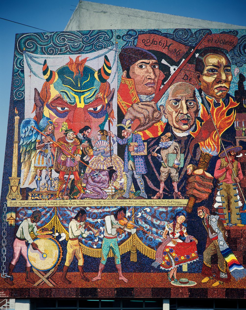 Hidalgo, Morelos og Juarez, helte i kampen for uafhængighed, detalje fra mosaikmaleriet på facaden af Oprørernes Teater, Mexico City. Mexico, 20. århundrede. af Diego Rivera