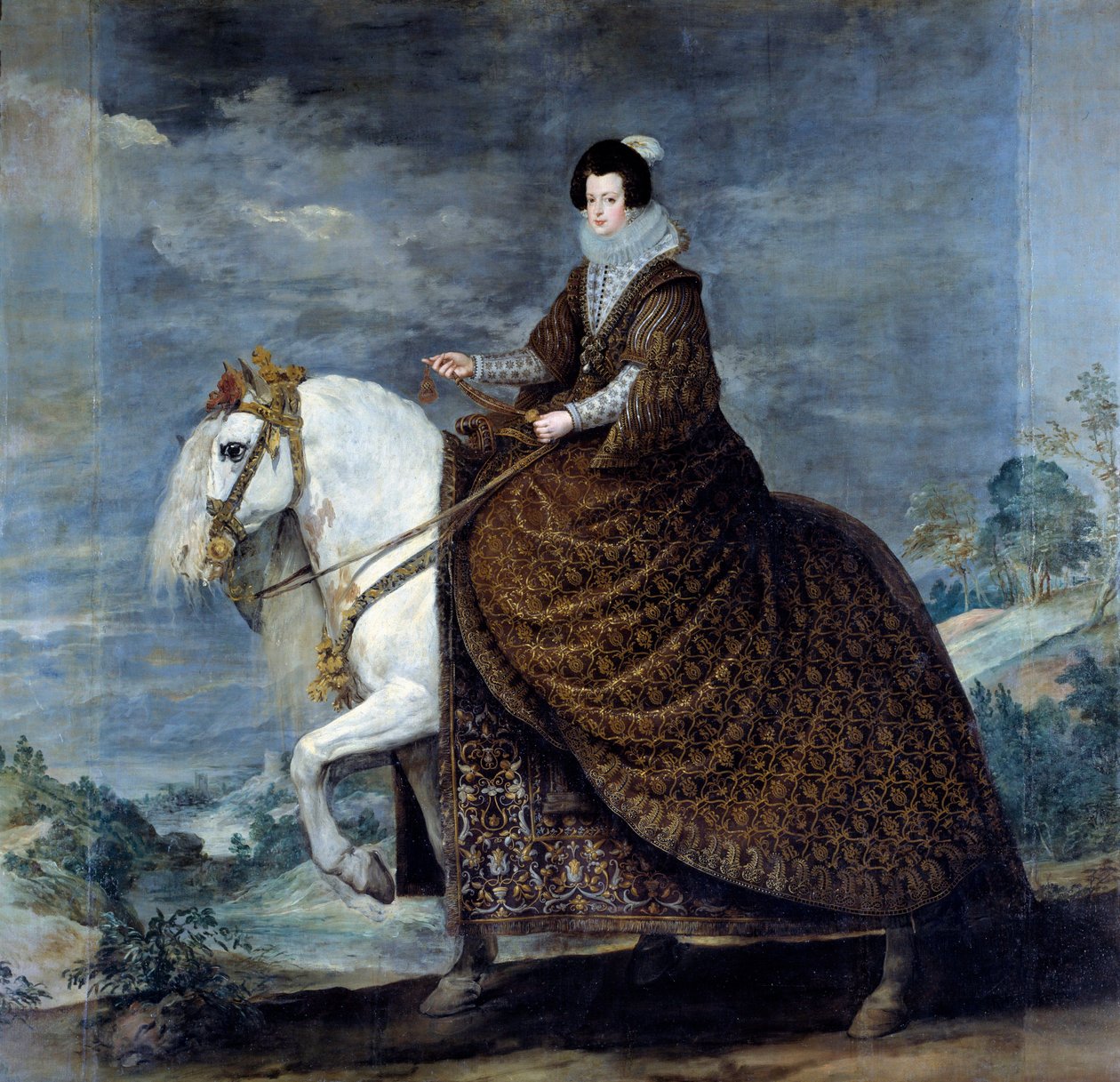 Rytterportræt af Elisabeth af Frankrig eller Isabelle af Bourbon (1602-1644), hustru til Filip IV af Spanien i 1616 Maleri af Diego Velasquez (1599-1660) 1635 Søn. 3,01x3,14 m Madrid, Musee du Prado - Ridesportræt af Isabelle af Frankrig (1602-1644), af Diego Velázquez