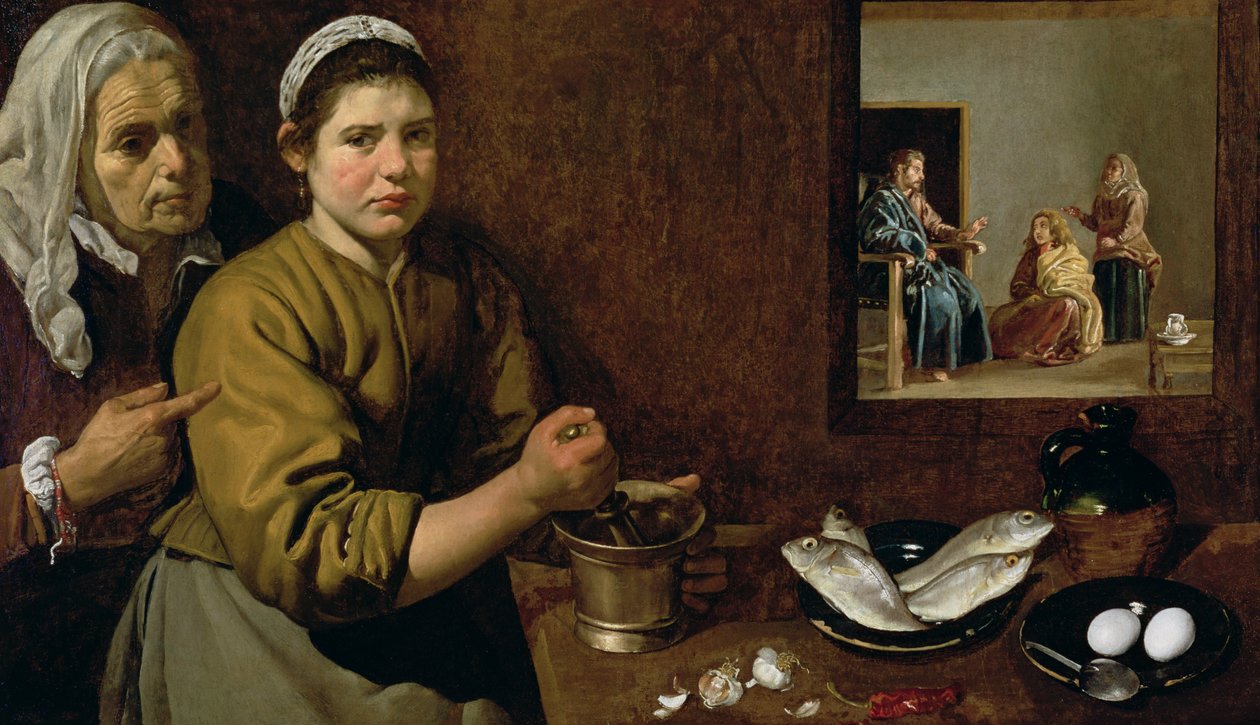 Køkkenscene med Kristus i Marthas og Marias hus, ca. 1618 (olie på lærred) af Diego Velázquez