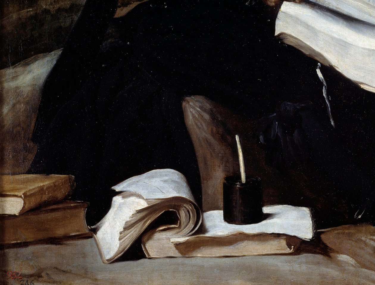 Portræt af narren Diego de Acedo, detalje. Bøger. Maleri af Diego Rodriguez de Silva og Velasquez (1599-1660) af Diego Velázquez