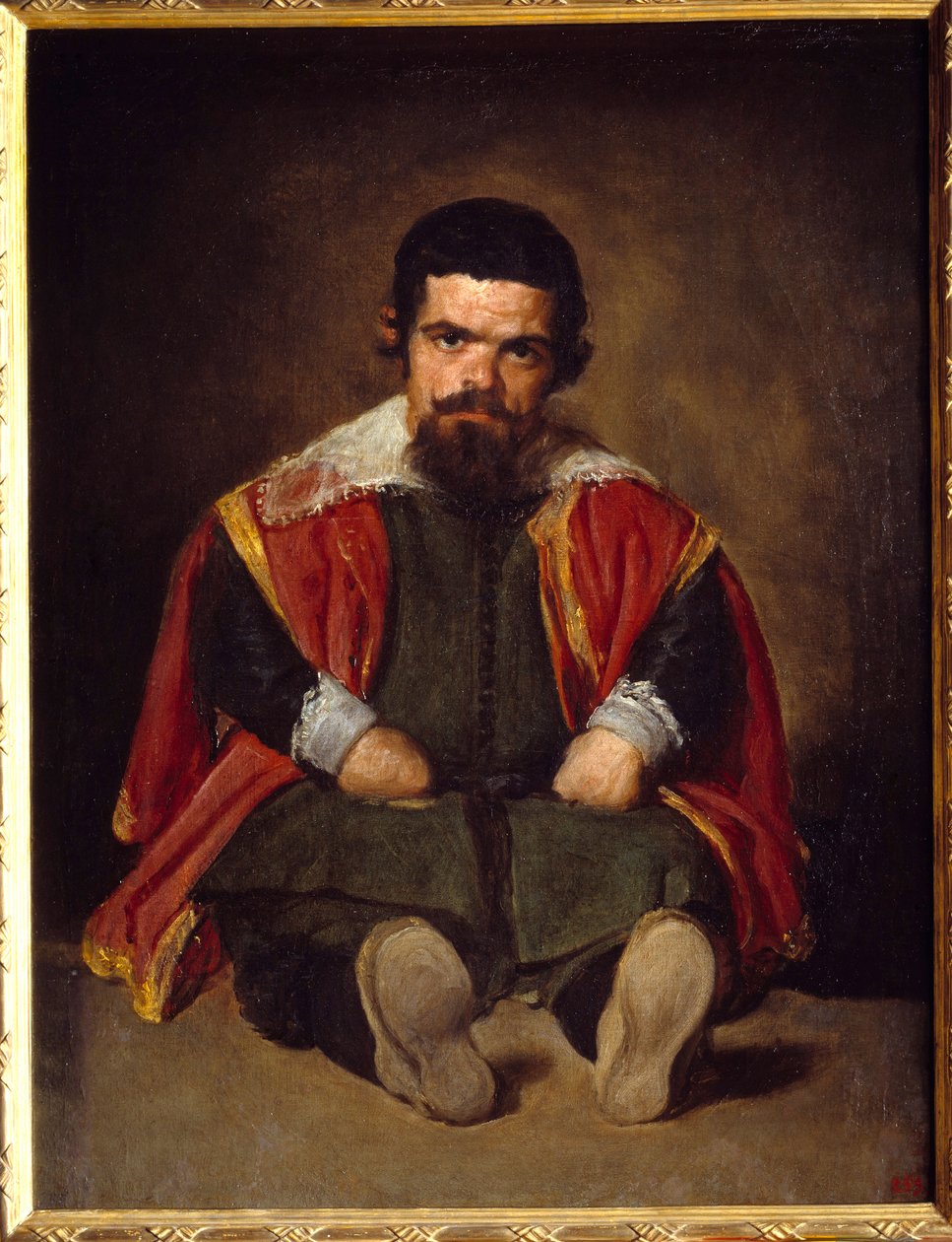 Portræt af gøgleren Sebastien De Morra Dværg siddende domstol. Maleri af Diego Velasquez (1599-1660) omkring 1645, søn. 1,06x0,81 m Madrid Musee du Prado - Portræt af narren Sebastien de Morra - Hofdværg - siddende. Maleri af Diego Velazquez (eller Ve af Diego Velázquez
