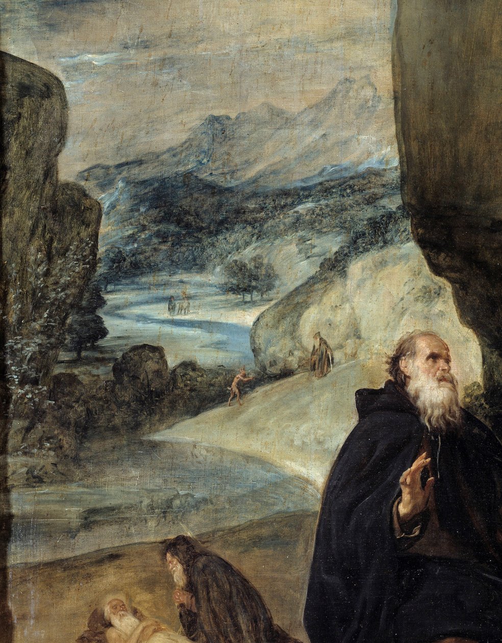 Sankt Antonius og Sankt Pauls eremit. Detalje, der afbilder Sankt Antonius den Store (eller Sankt Antonius Eremitten eller Sankt Antonius Abbe) og landskabet. Maleri af Diego Rodriguez de Silva y Velasquez (1599-1660), ca. 1635. Olie på lærred. Dimension:  af Diego Velázquez