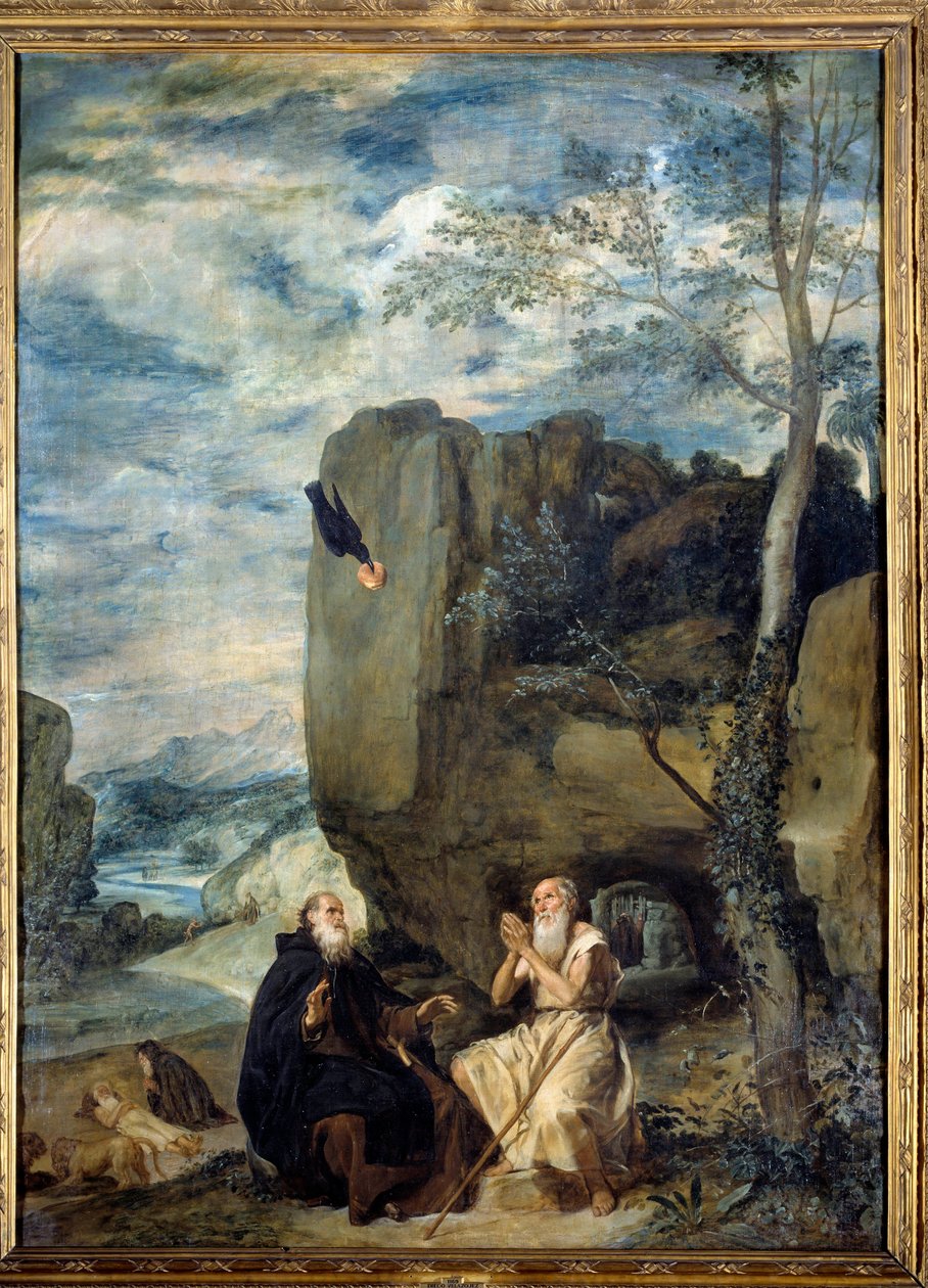 Sankt Antonius den Store (eller Sankt Antonius Eremit eller Sankt Antonius Abbe) og Sankt Paul Eremit. Maleri af Diego Rodriguez de Silva y Velasquez (1599-1660), ca. 1635. Olie på lærred. Mål: 2,57 x 1,88 m. Madrid, Musee Du Prado af Diego Velázquez