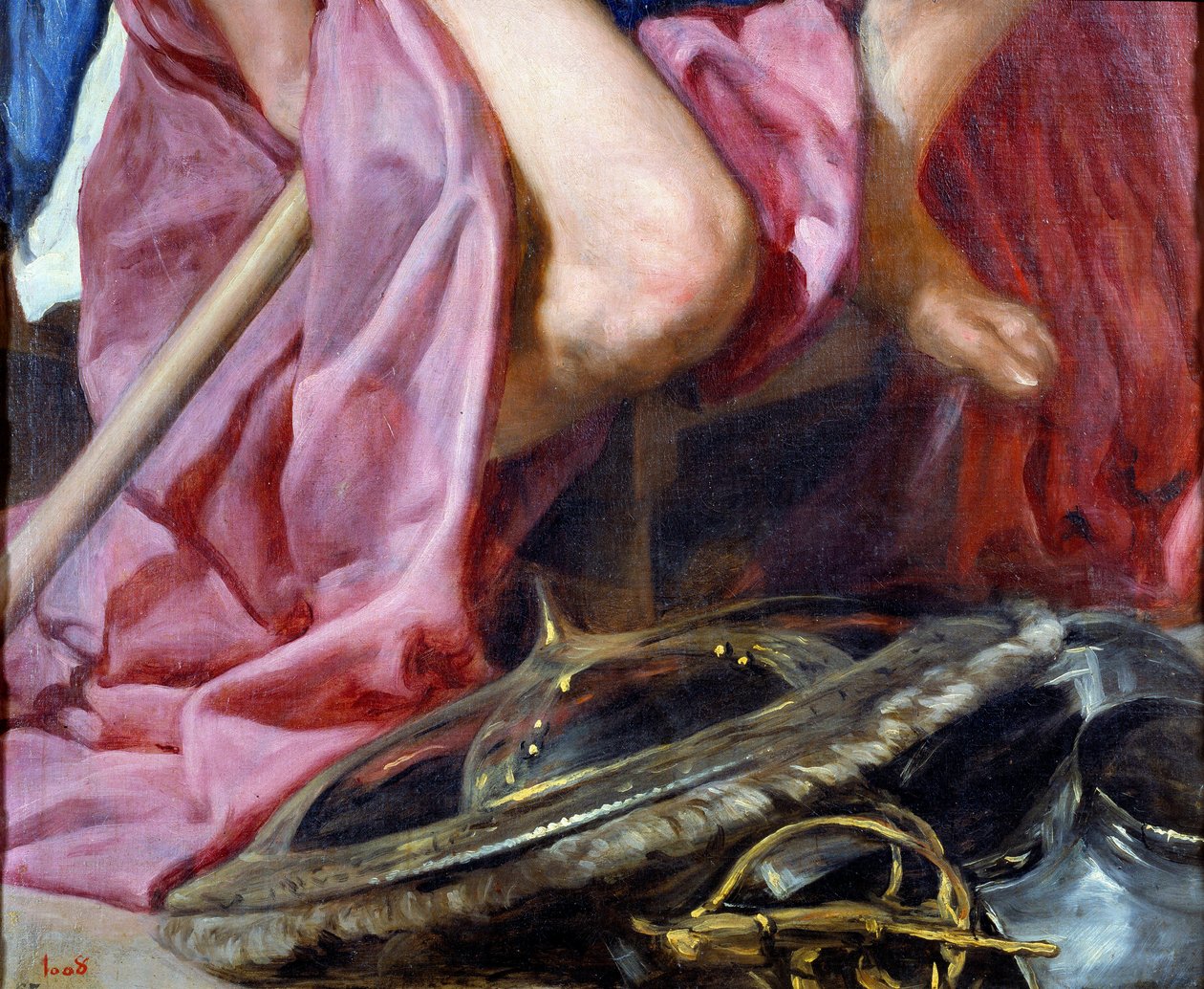 Krigsguden Mars, detalje af skjoldet og rustningen placeret ved gudens fødder. Maleri af Diego Rodriguez de Silva y Velasquez (1599-1660) af Diego Velázquez