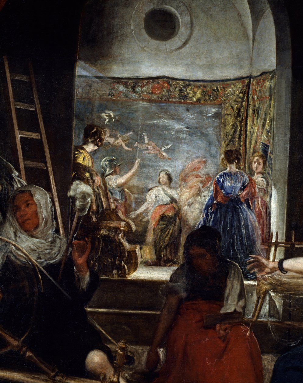 Spinnerne eller Arachne Detail-fabelen. Maleri af Diego Rodriguez de Silva y Velasquez (1599-1660), ca. 1655-1660, søn. 2,2x2,89 m Madrid, Musee du Prado af Diego Velázquez