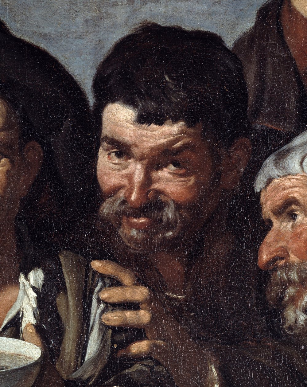 The Triumph of Bacchus eller "The Drunks" Detalje af et beruset ansigt. Maleri af Diego Rodriguez de Silva og Velasquez (1599-1660) omkring 1639-1 Svag. 1,65x2,25 m Madrid, Engmuseet af Diego Velázquez