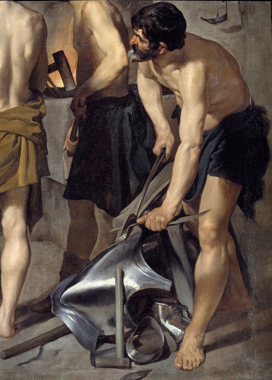 Vulcans smedje, detalje. En af smedene arbejder på rustning. Maleri af Diego Velasquez (1599-1660) 1630 søn. 2,23x2,90 m Madrid, Prado-museet af Diego Velázquez