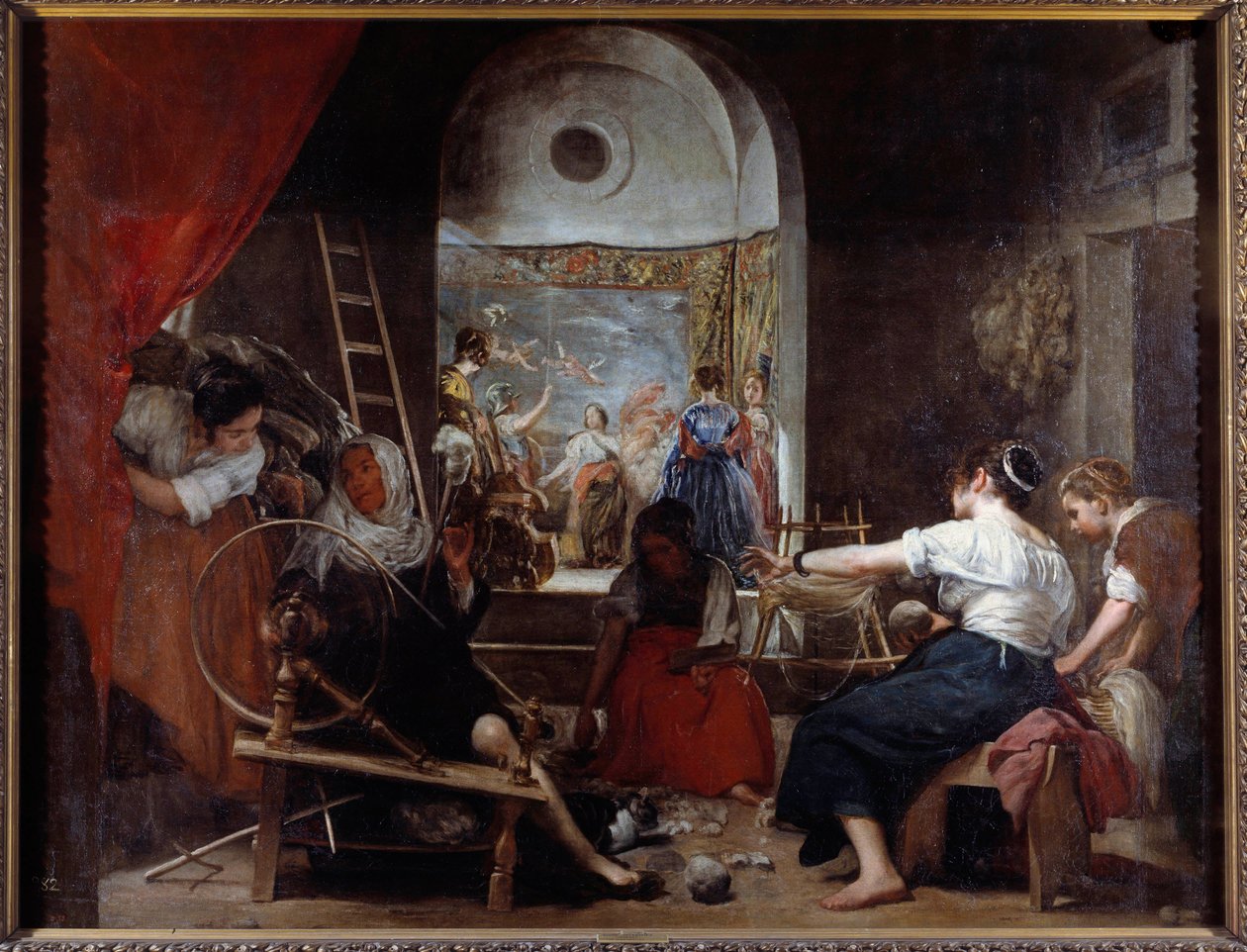 spinderne eller fabelen om Arachne-maleri af Diego Rodriguez de Silva y Velasquez (1599-1660), ca. 1653. Søn. 2,2x2,89 m Madrid, Musee du Prado - Spinnerne eller Fabelen om Arachne. Maleri af Diego Rodriguez de Silva y Velazquez (Velasquez af Diego Velázquez