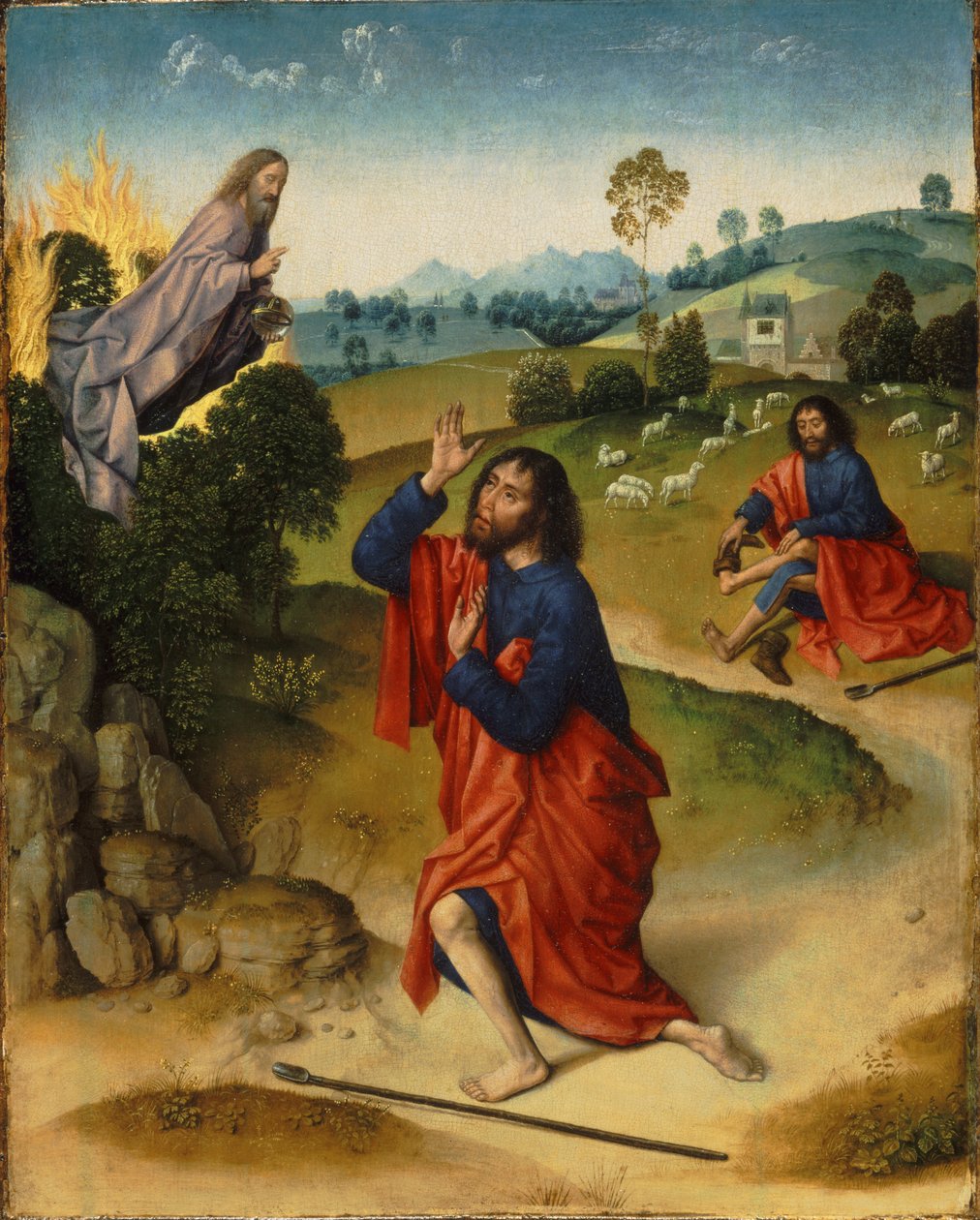 Moses og den brændende busk, hvor Moses fjernede sine sko af Dierick Bouts the Elder