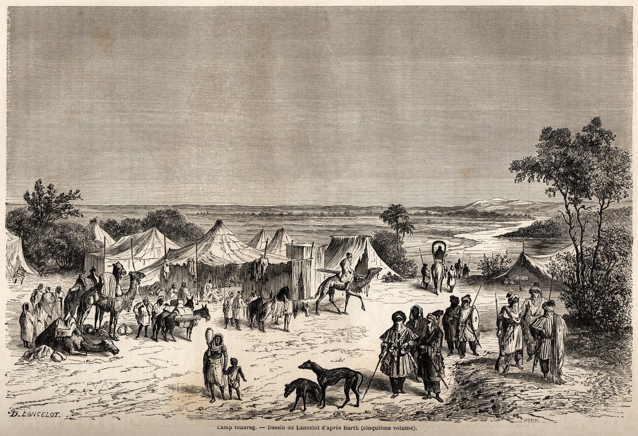 En Touareg-lejr, tegnet af Lancelot, for at illustrere Dr. Henri Barths rejse i 1849-1855 til Afrikas centrum. Indgravering i "" Le tour du monde, nouveau journal des voyages"" Paris af Dieudonne Auguste Lancelot