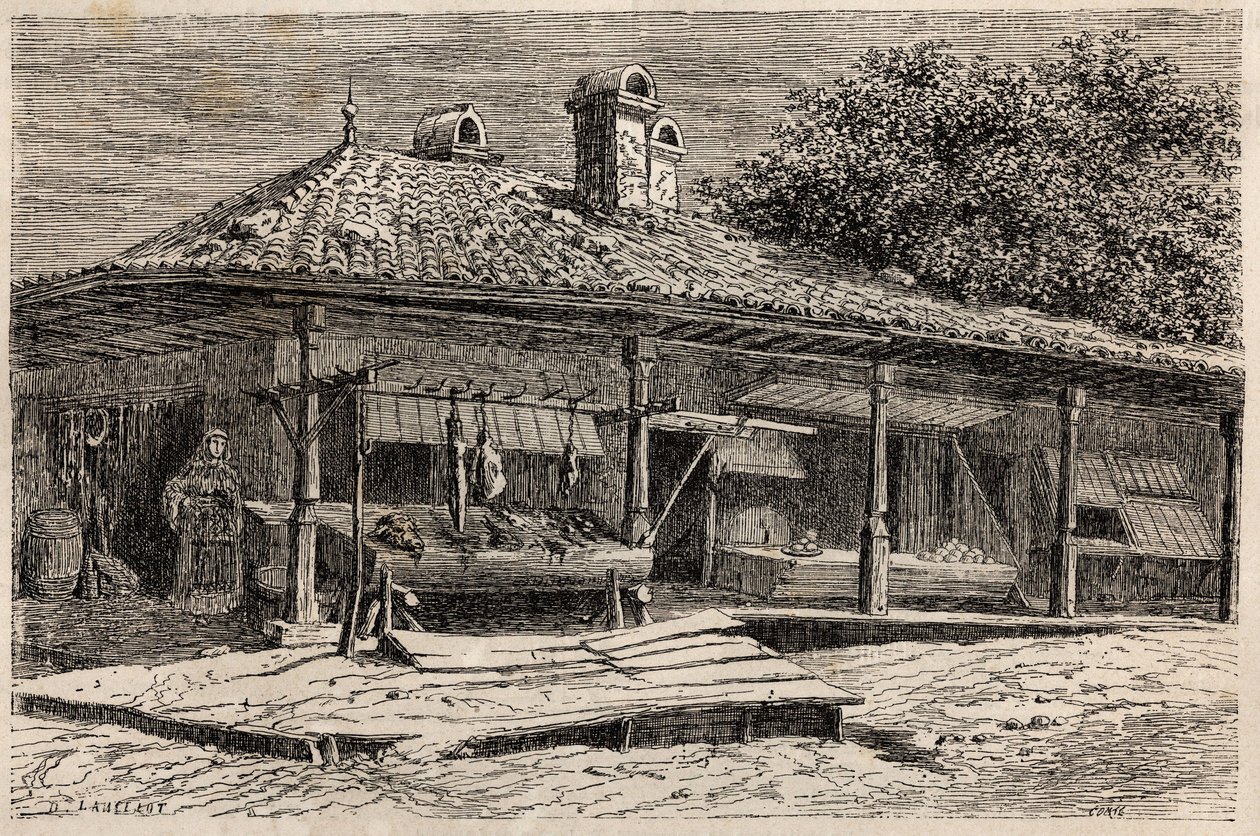 En slagterbutik og et bageri i Bukarest (Rumænien). Gravering til illustration af turen fra Paris til Bukarest af Lancelot, designer, i 1860, i "Le tour du monde, nouveau journal des voyages", udgivet under ledelse af Edouard Charton af Dieudonne Auguste Lancelot